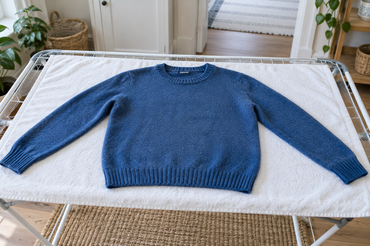 A jumper supported flat on a towel and drying rack