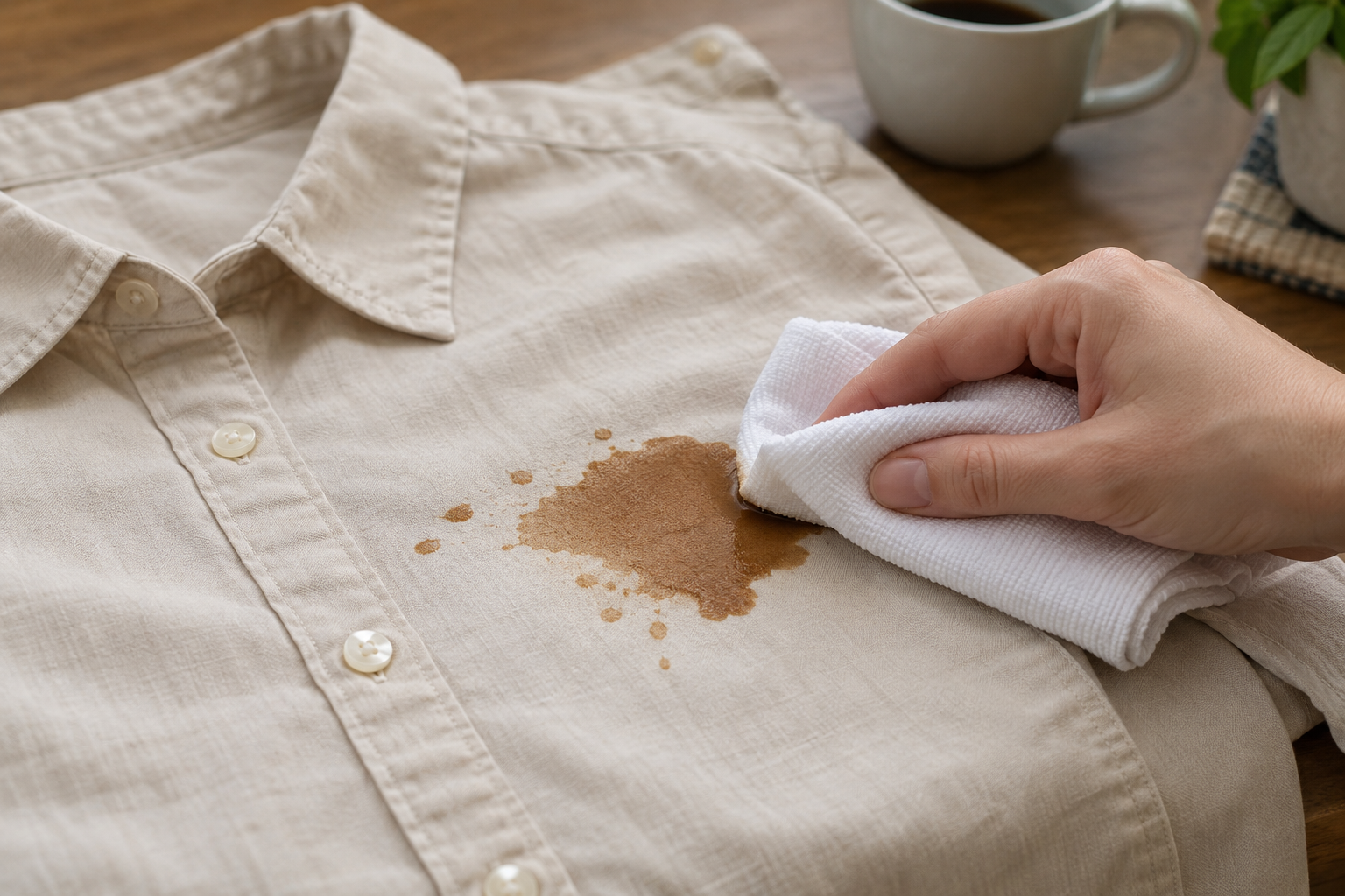 A fresh coffee mark being blotted on a cotton shirt
