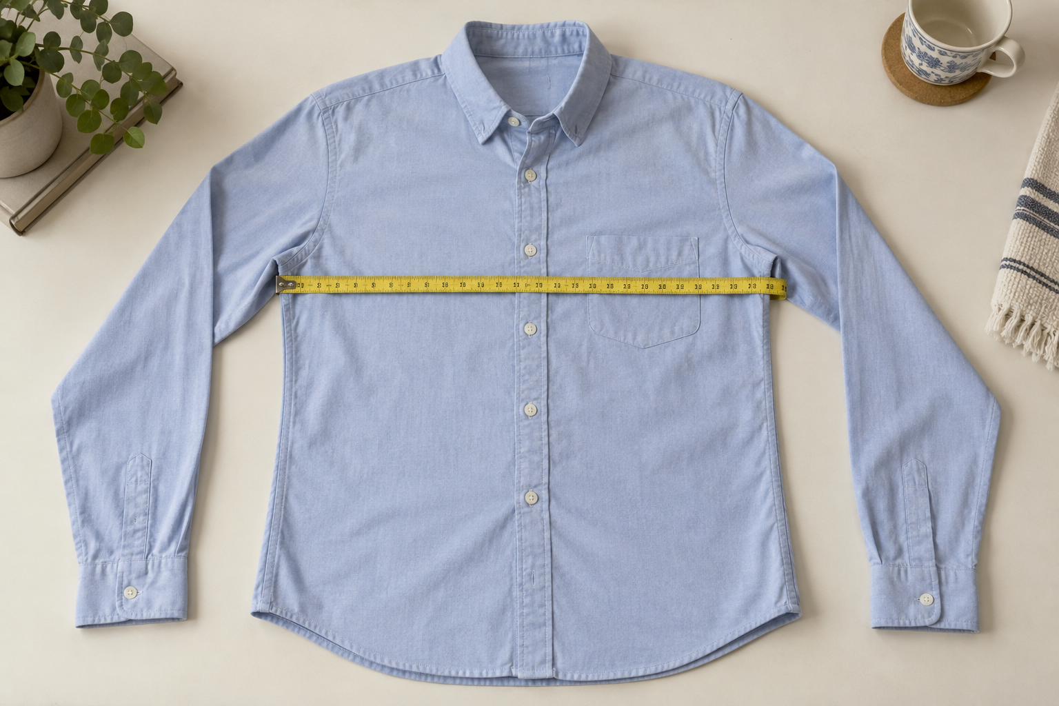 Illustrative scene of a shirt laid flat with a measuring tape across its chest